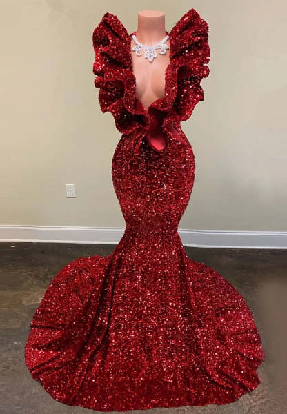 Chicloth Burgundy Prom Dress Mermaid V-Neck With Ruffle