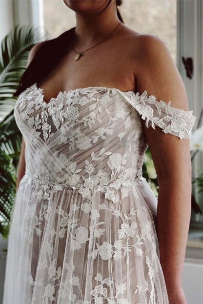 Chicloth Off-the-Shoulder Wedding Dress Champagne Lace Appliques