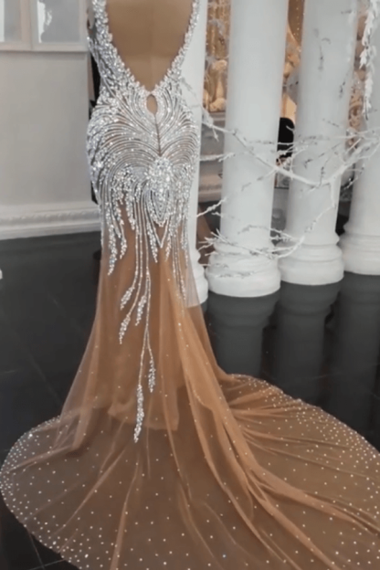 Luxury Crystals Mermaid Wedding Dresses | V-Neck Backless Champagne Bridal Gowns