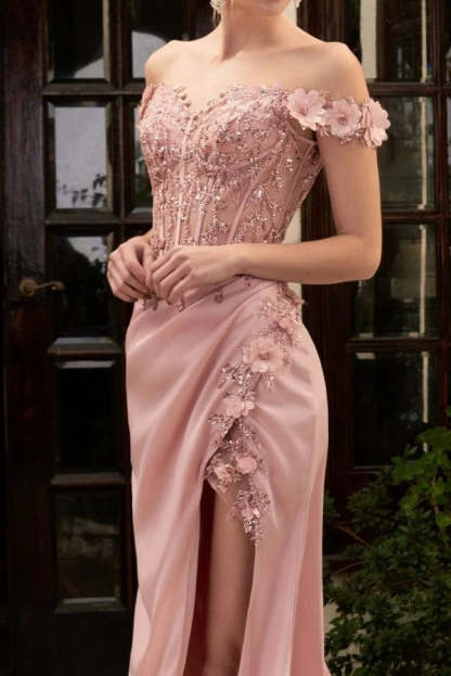 Chicloth Pink Off-the-Shoulder Prom Dress Split With Appliques