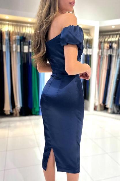Chicloth Off-the-Shoulder Dark Navy Prom Dress Sheath