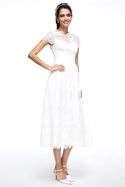 A-Line Wedding Dresses Jewel Neck Tea Length Lace Short Sleeve Simple Casual Illusion Backless