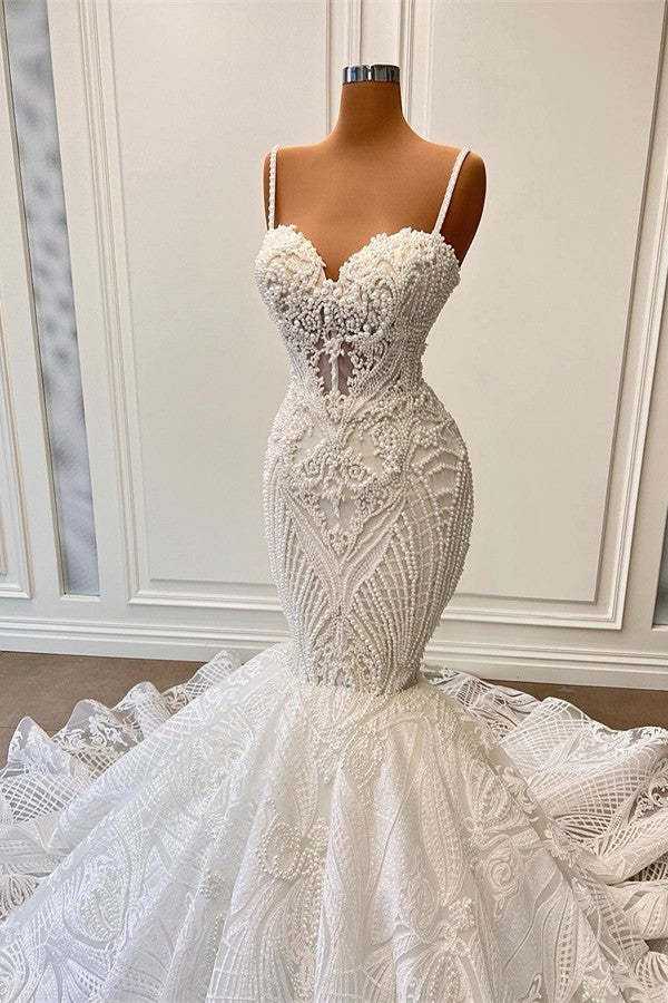 Chicloth Spaghetti-Straps Wedding Dress Mermaid Lace Appliques Sleeveless