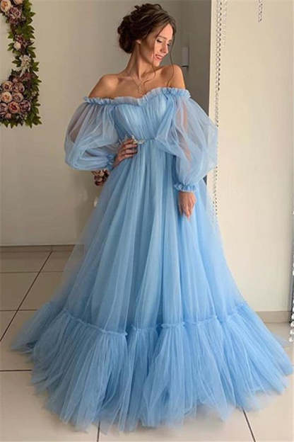 Chicloth Sky Blue Long Sleeves Prom Dress Mermaid Tulle Evening Gowns