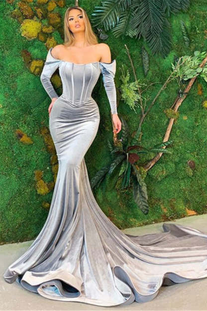 Chicloth Velvet Long Sleeves Prom Dress Mermaid Long Evening Gowns