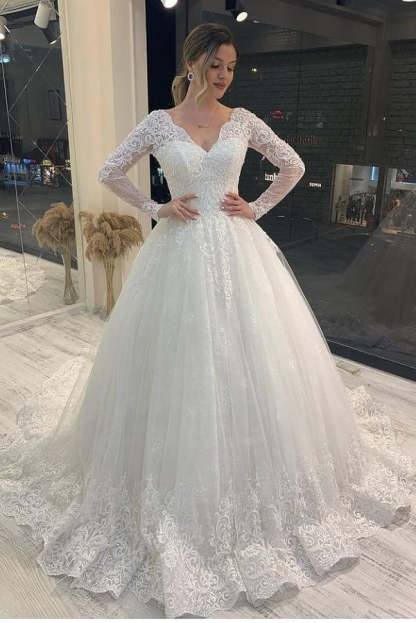 Chicloth Long Sleeves Ball Gown Wedding Dress Lace Bridal Gowns V-Neck