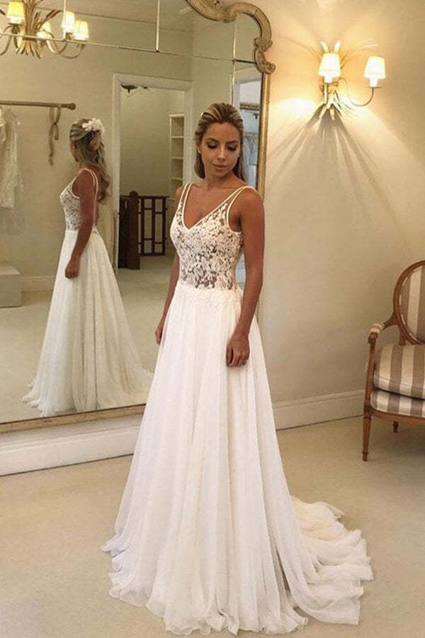 Chicloth Summer Beach Lace Wedding Dress V-Neck Chiffon Bridal Gown