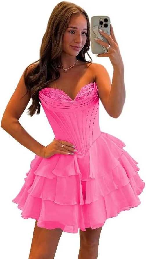 Strapless Tiered Ruffle Short Homecoming Dresses Party Dress