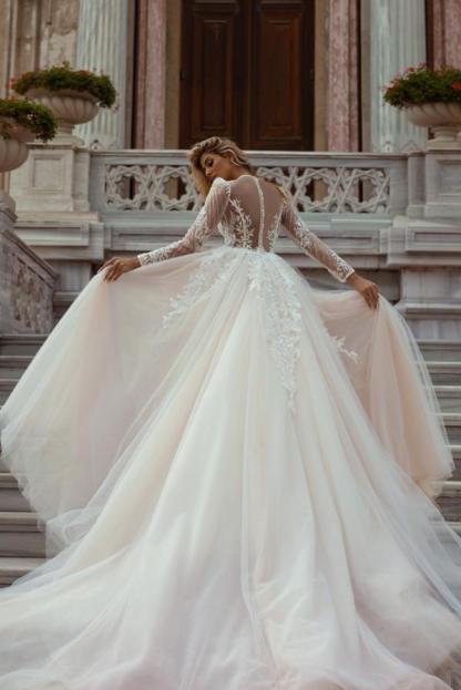 Chicloth Long Sleeves Champagne Wedding Dress Lace Mermaid Overskirt