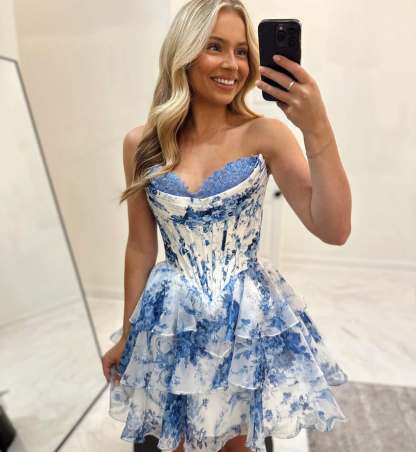 Strapless Tiered Ruffle Short Homecoming Dresses Party Dress