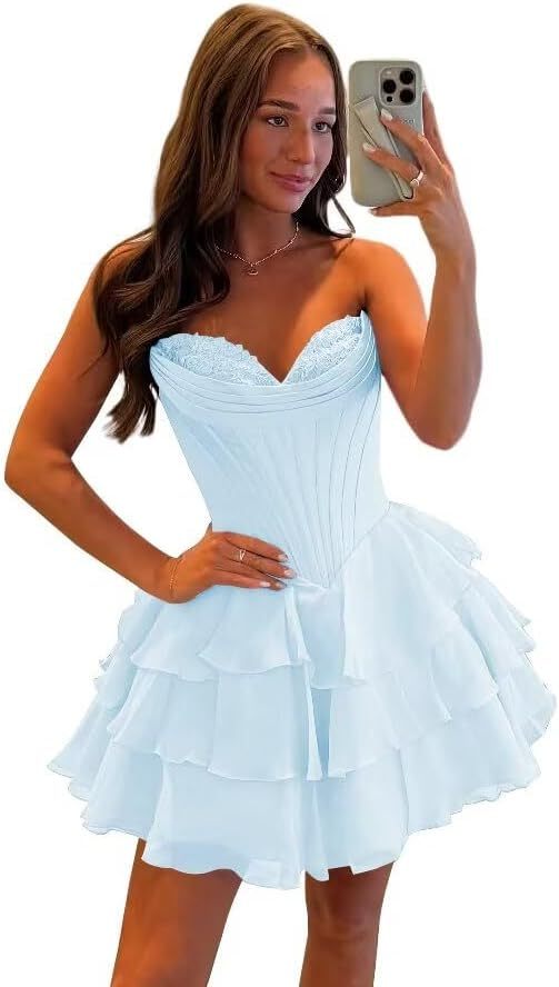 Strapless Tiered Ruffle Short Homecoming Dresses Party Dress