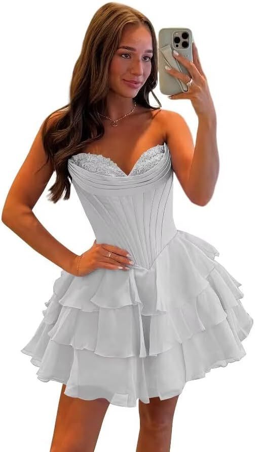 Strapless Tiered Ruffle Short Homecoming Dresses Party Dress