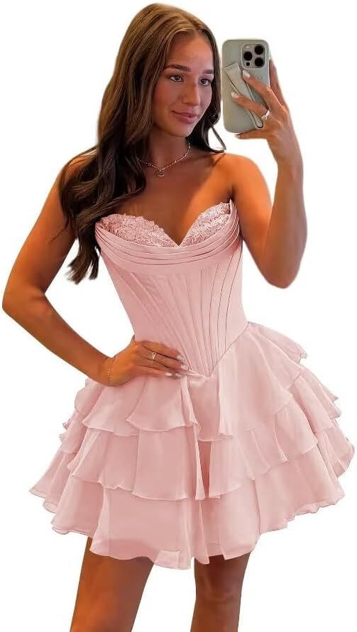 Strapless Tiered Ruffle Short Homecoming Dresses Party Dress