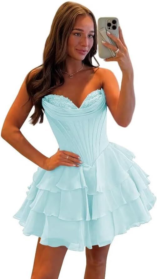 Strapless Tiered Ruffle Short Homecoming Dresses Party Dress