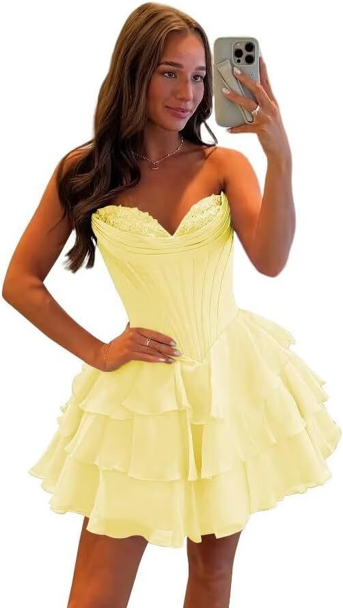 Strapless Tiered Ruffle Short Homecoming Dresses Party Dress