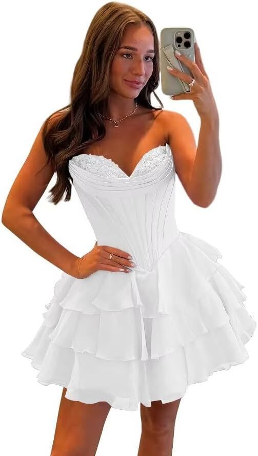 Strapless Tiered Ruffle Short Homecoming Dresses Party Dress