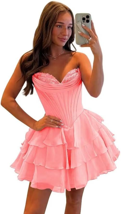 Strapless Tiered Ruffle Short Homecoming Dresses Party Dress