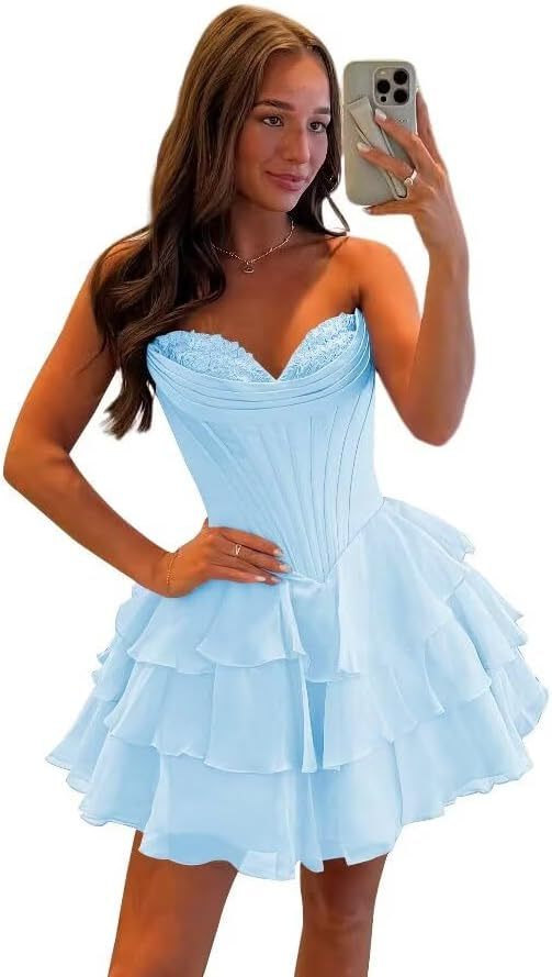 Strapless Tiered Ruffle Short Homecoming Dresses Party Dress