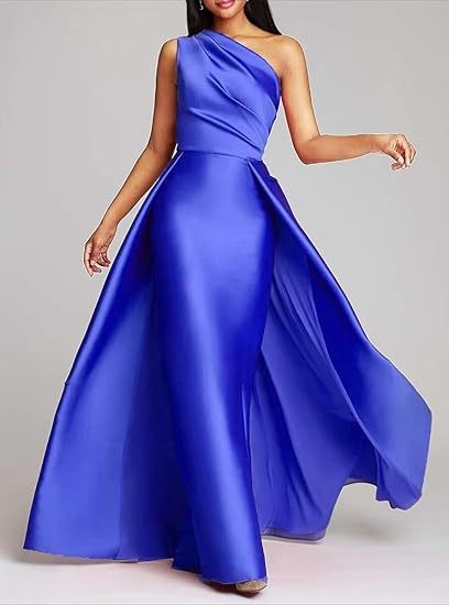 One Shoulder Satin Ruched A-Line Prom Dress Long Evening Gown