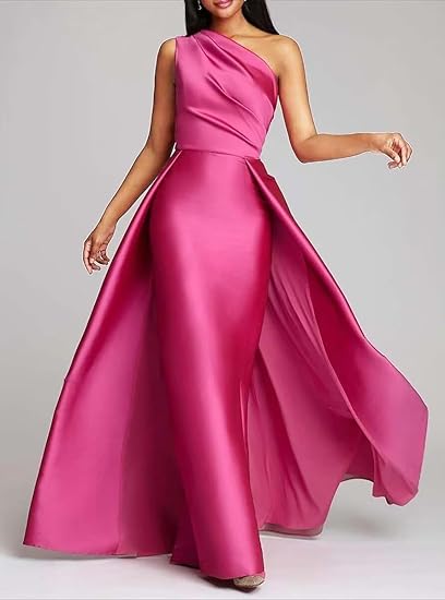 One Shoulder Satin Ruched A-Line Prom Dress Long Evening Gown