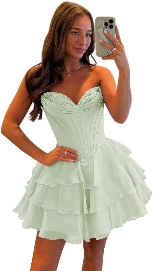 Strapless Tiered Ruffle Short Homecoming Dresses Party Dress