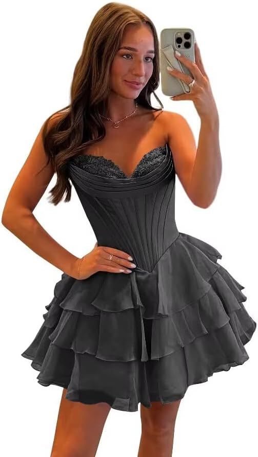 Strapless Tiered Ruffle Short Homecoming Dresses Party Dress