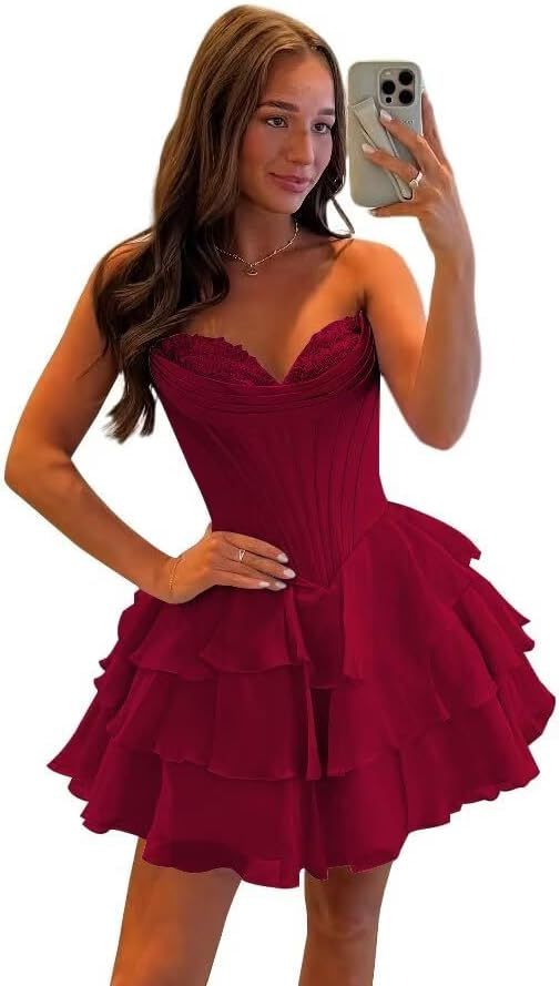 Strapless Tiered Ruffle Short Homecoming Dresses Party Dress