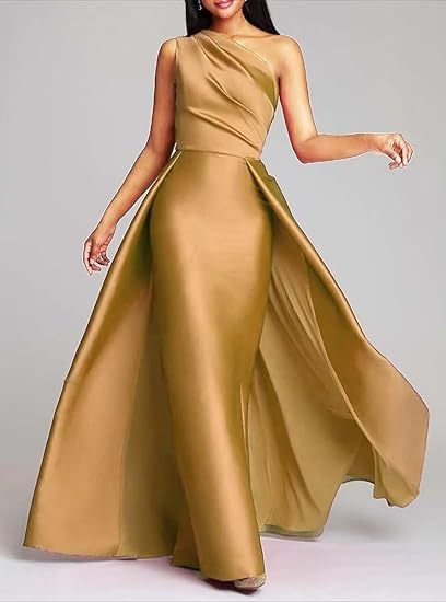 One Shoulder Satin Ruched A-Line Prom Dress Long Evening Gown