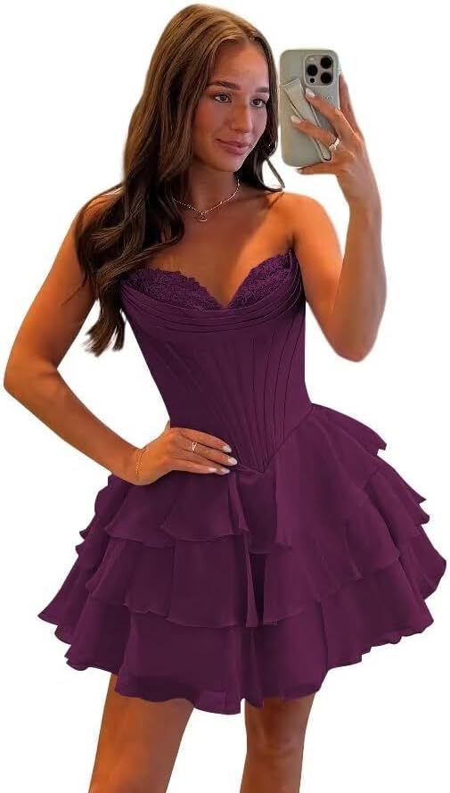 Strapless Tiered Ruffle Short Homecoming Dresses Party Dress