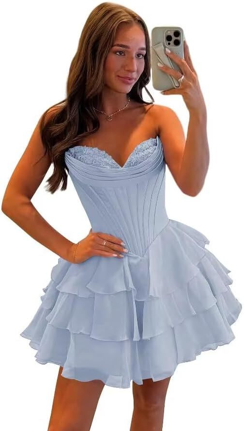 Strapless Tiered Ruffle Short Homecoming Dresses Party Dress