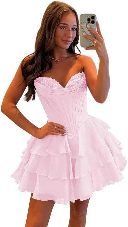 Strapless Tiered Ruffle Short Homecoming Dresses Party Dress