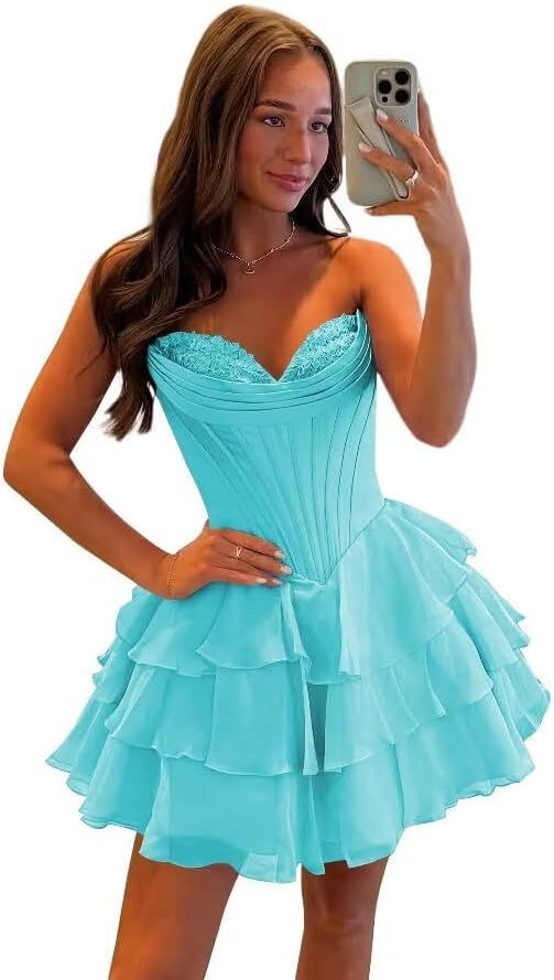 Strapless Tiered Ruffle Short Homecoming Dresses Party Dress