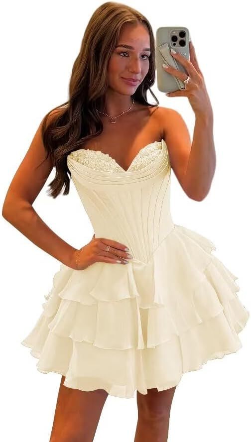 Strapless Tiered Ruffle Short Homecoming Dresses Party Dress