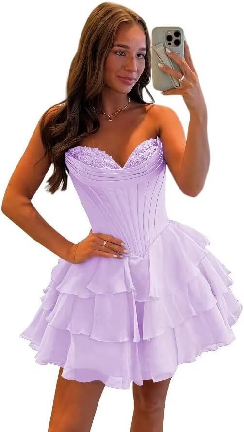 Strapless Tiered Ruffle Short Homecoming Dresses Party Dress