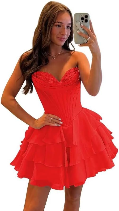 Strapless Tiered Ruffle Short Homecoming Dresses Party Dress