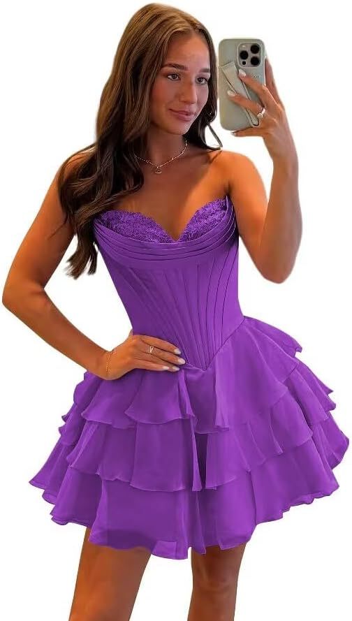 Strapless Tiered Ruffle Short Homecoming Dresses Party Dress