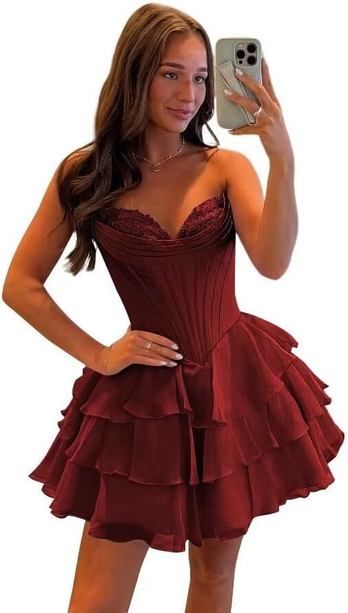 Strapless Tiered Ruffle Short Homecoming Dresses Party Dress