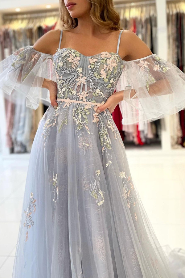 Chic Off Shoulder Tulle Floral Lace Evening Party Dress Spaghetti Straps