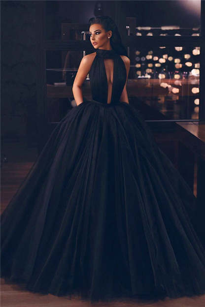 Chicloth High Neck Black Tulle Prom Dress Ball Gown Sleeveless