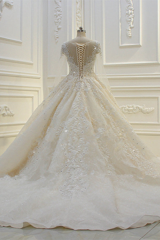 Chicloth Luxury Ball Gown Jewel Tulle Wedding  Dress Long Sleeves Lace Applqiues Beadings Bridal Gowns On Sale