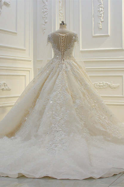 Chicloth Luxury Ball Gown Jewel Tulle Wedding  Dress Long Sleeves Lace Applqiues Beadings Bridal Gowns On Sale