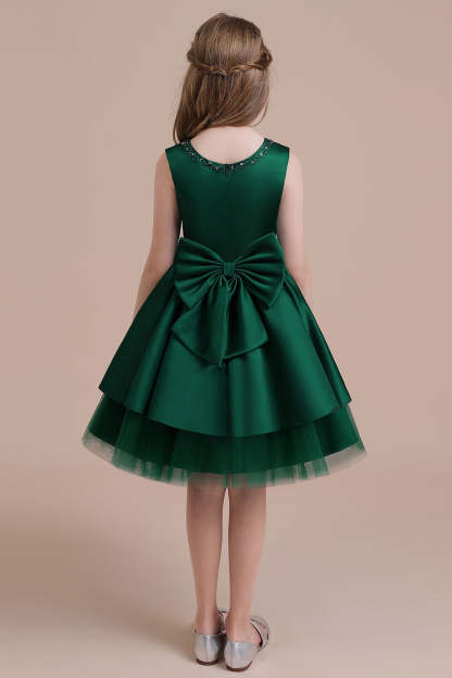 Chicloth A-Line Bow Beading Satin Tulle Flower Girl Dress On Sale