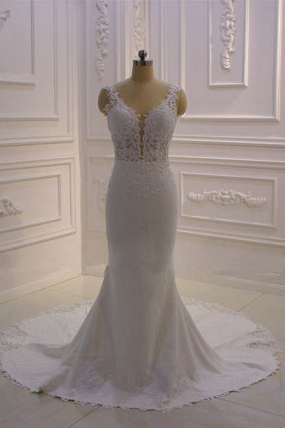 Chicloth Simple Mermaid Tulle Wedding Dress Straps Sleeveless V-Neck Bridal Gowns On Sale