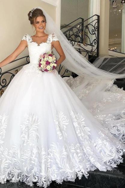 Chicloth Cap Sleeves Lace Applqiues Wedding Dress Ball Gown Princess Bridal Wear