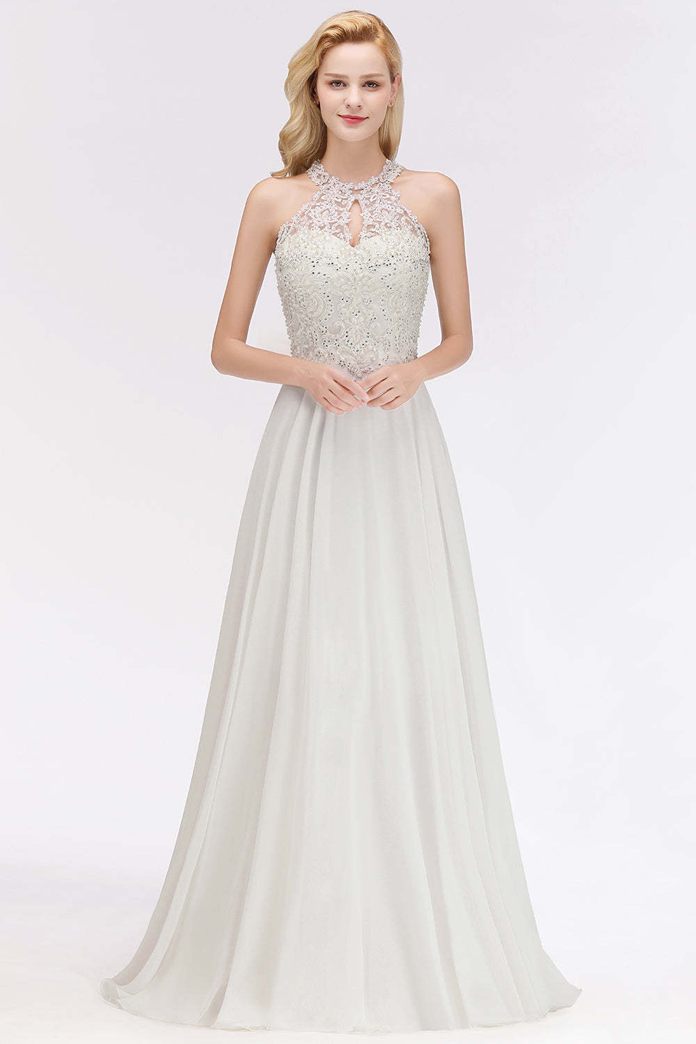 Chicloth A-line Chiffon Lace Ruffles Bridesmaid Dress with Beadings