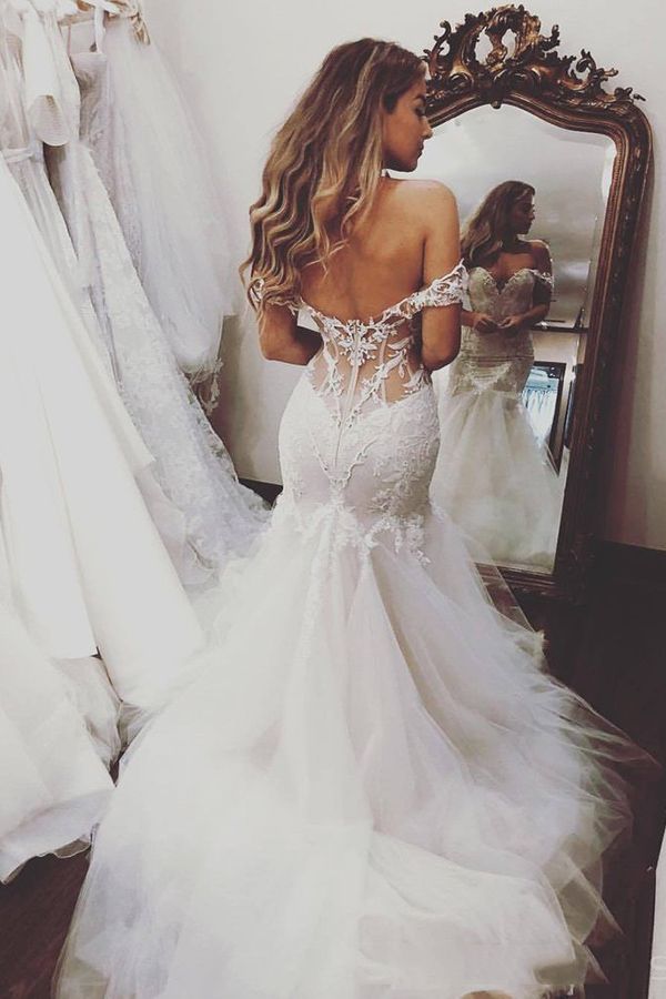 Chicloth Off-the-Shoulder Mermaid Wedding Dress Tulle With Lace Appliques