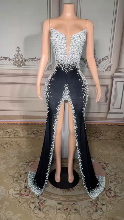 Strapless Crystals Sheath Prom Dress with High Split