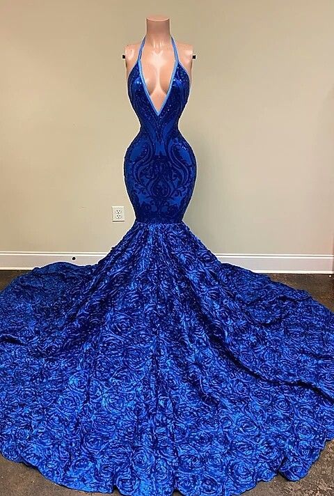Navy Blue V-Neck Mermaid Sequin Prom Dress with Flowers