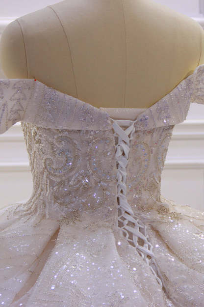 Chicloth Luxury Ball Gown Off-the-Shoulder Wedding Dress Tulle Sequined Beadings Sleeveless Bridal Gowns Online