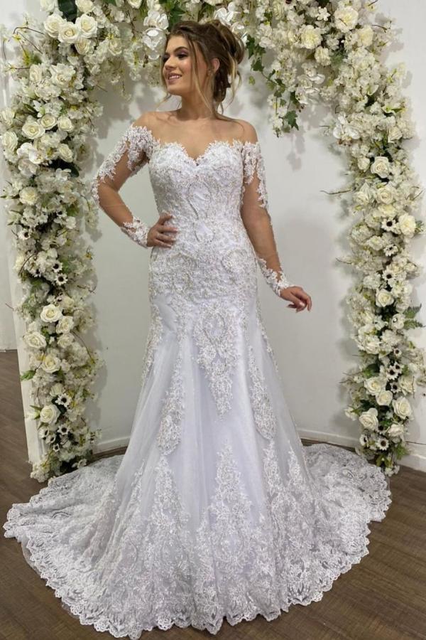 Chicloth Off-the-Shoulder Long Sleeve Wedding Dress Mermaid With Lace Appliques